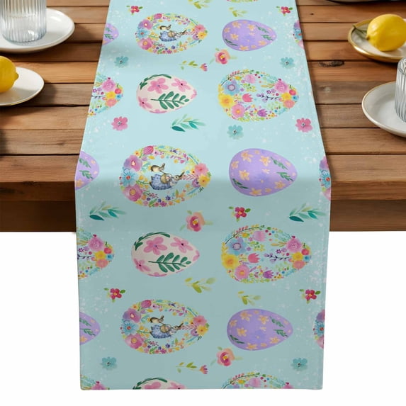 Burlap Table Runner 90 Inches Long, Flower Easter Egg Rabbit Non-Slip Kitchen Table Runners for Dining Room Everyday Use Party Table Decorations Spring Floral Eggs on Blue