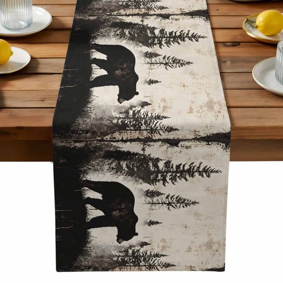 Burlap Table Runner 90 Inches Long,Forest Brown Bear Silhouette Non-Slip Kitchen Table Runners for Dining Room Everyday Use Party Table Decorations Minimalist Modern Art