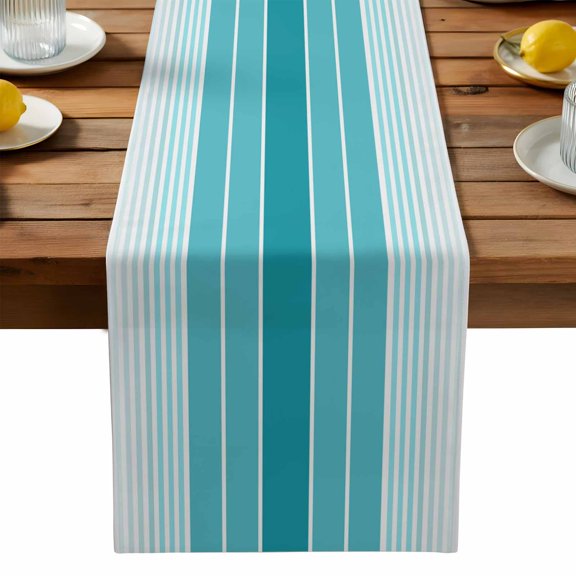 Burlap Table Runner 90 Inches Long, Gradient Turquoise White Stripes Non-Slip Kitchen Table Runners for Dining Room Everyday Use Party Table Decorations Ombre Abstract Art