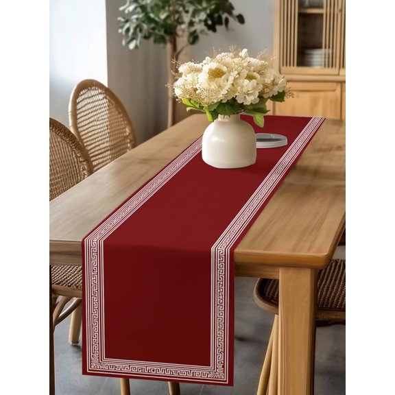 Burlap Table Runner 90 Inches Long, Greek Abstract Inspired Key Pattern Non-Slip Kitchen Table Runners for Dining Room Everyday Use Party Table Decorations Geometric Twist Line on Red