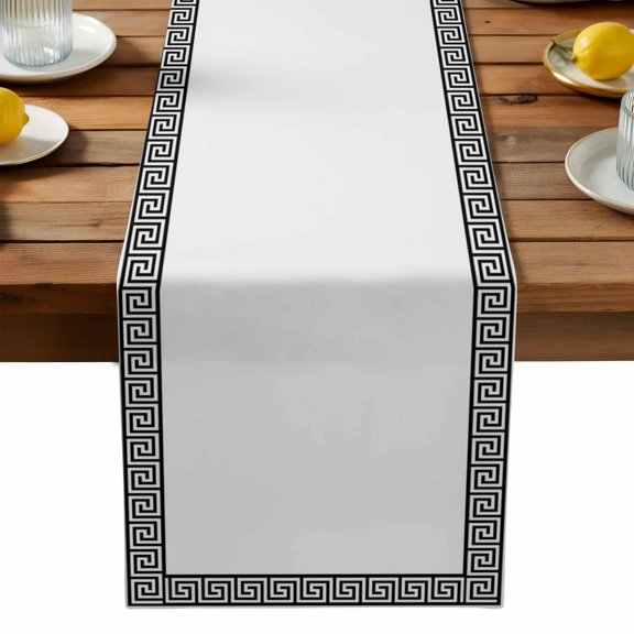 Burlap Table Runner 90 Inches Long,Greek Meander Border Inspired Key Non-Slip Kitchen Table Runners for Dining Room Everyday Use Party Table Decorations Abstract Twist Stripe on White