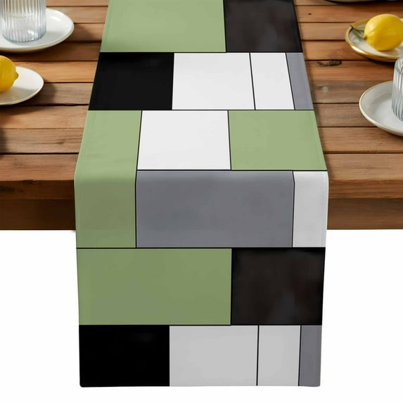 Burlap Table Runner 90 Inches Long,Green Color Block Abstract Geometric Non-Slip Kitchen Table Runners for Dining Room Everyday Use Party Table Decorations Minimalist Style