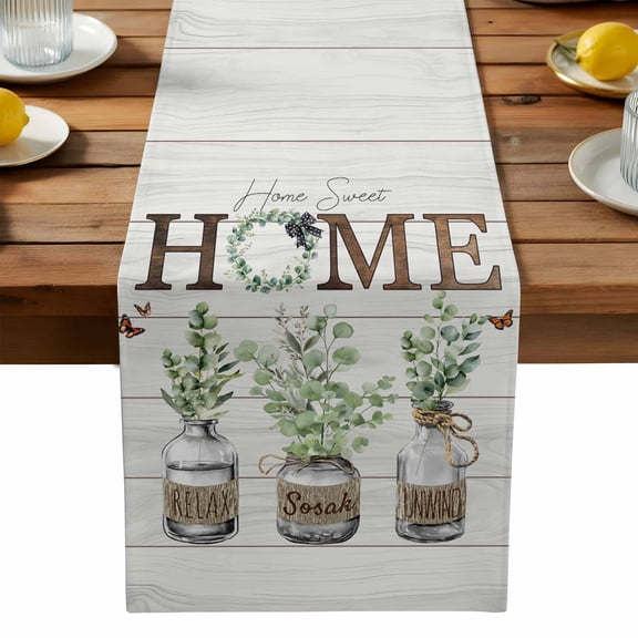 Burlap Table Runner 90 Inches Long, Green Eucalyptus Leaf Home Quote Non-Slip Kitchen Table Runners for Dining Room Everyday Use Party Table Decorations Farm White Wood Board