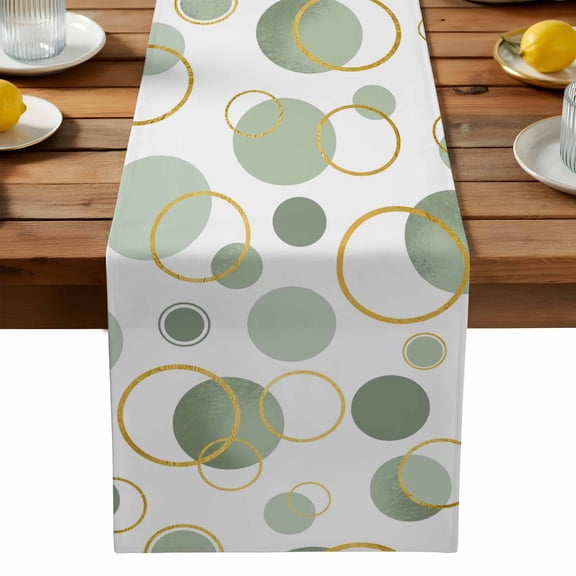 Burlap Table Runner 90 Inches Long, Green Gold Circles Non-Slip Kitchen Table Runners for Dining Room Everyday Use Party Table Decorations Abstract Geometric Art