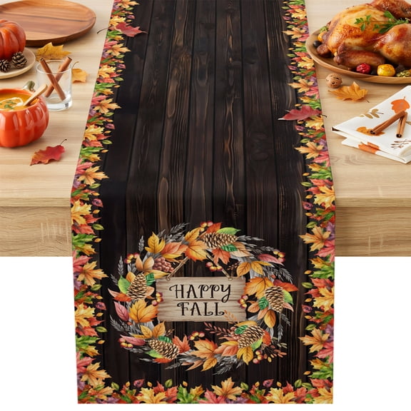Burlap Table Runner 90 Inches Long, HAPPY FALL Pine Cone Non-Slip Kitchen Table Runners for Dining Room Everyday Use Party Table Decorations Autumn Maple Leaf Berry