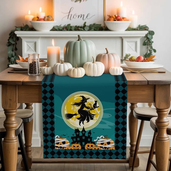 Burlap Table Runner 90 Inches Long,Halloween Witch Night Moon Non-Slip Kitchen Table Runners for Dining Room Everyday Use Party Table Decorations Haunted House Pumpkin Black Lattice