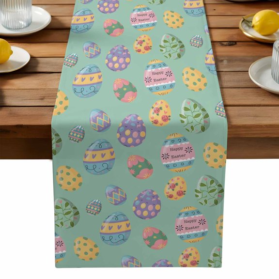 Burlap Table Runner 90 Inches Long,Happy Easter Eggs Non-Slip Kitchen Table Runners for Dining Room Everyday Use Party Table Decorations Seamless Colorful Egg on Green