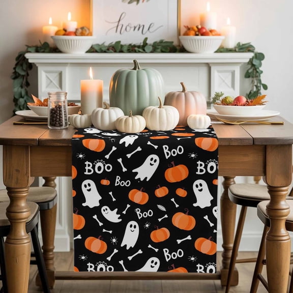 Burlap Table Runner 90 Inches Long,Happy Halloween Ghost Boo Pumpkin Non-Slip Kitchen Table Runners for Dining Room Everyday Use Party Table Decorations Cartoon Style