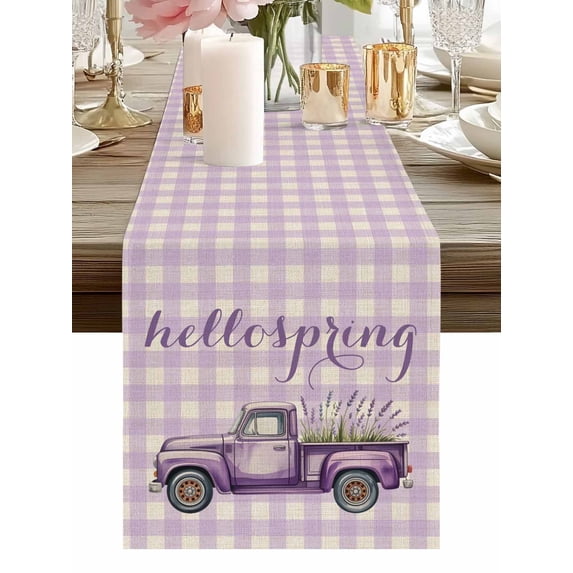 Burlap Table Runner 90 Inches Long, Hello Spring Purple Farm Truck ...