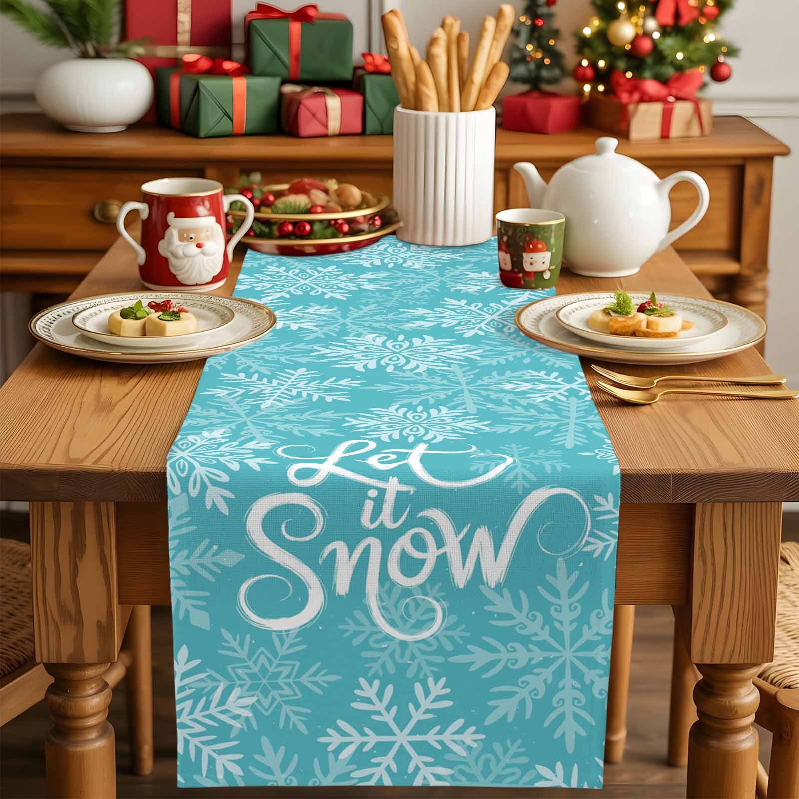 Snow Table Runner Burlap Table Runner 90 Inches Long,Let Snow Words on Blue Background ...