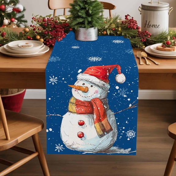 Burlap Table Runner 90 Inches Long,Merry Chrismas Snowman Winter Snow Non-Slip Kitchen Table Runners for Dining Room Everyday Use Party Table Decorations White Snowflakes on Blue