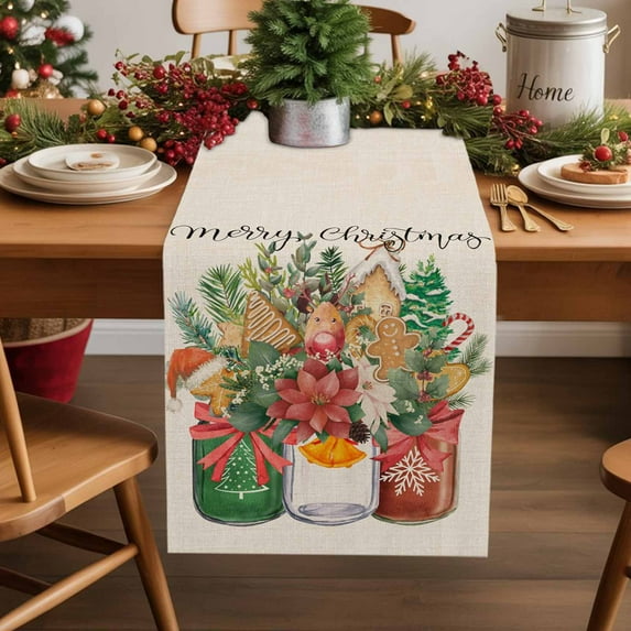 Burlap Table Runner 90 Inches Long,Merry Christmas Biscuit Floral Botanical Leaf Non-Slip Kitchen Table Runners for Dining Room Everyday Use Party Table Decorations Xmas Trees on Linen