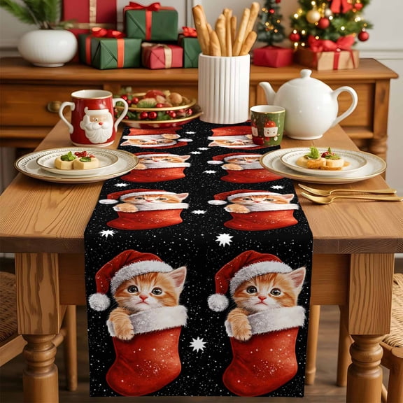 Burlap Table Runner 90 Inches Long,Merry Christmas Cat Xmas Stocking Non-Slip Kitchen Table Runners for Dining Room Everyday Use Party Table Decorations Winter Snowflake on Black