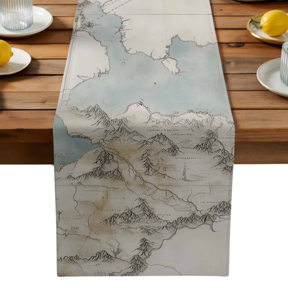Burlap Table Runner 90 Inches Long,Middle Earth Map on Retro Non-Slip Kitchen Table Runners for Dining Room Everyday Use Party Table Decorations Abstract Mountain Blue Lake