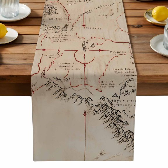 Burlap Table Runner 90 Inches Long,Middle Earth Map on Vintage Non-Slip Kitchen Table Runners for Dining Room Everyday Use Party Table Decorations Abstract Mountain