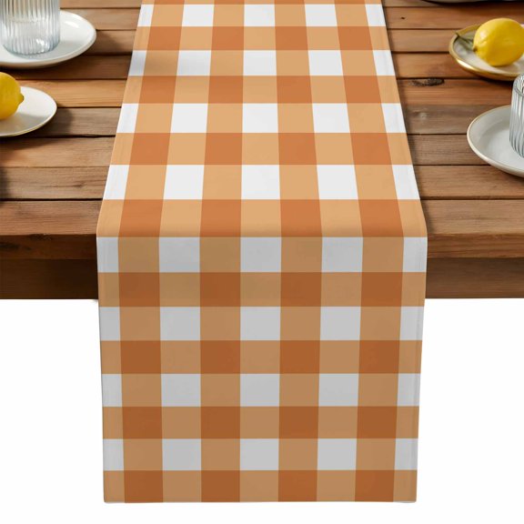 Burlap Table Runner 90 Inches Long,Minimalist Orange Checkered Grid Non-Slip Kitchen Table Runners for Dining Room Everyday Use Party Table Decorations Spring Buffalo Plaid