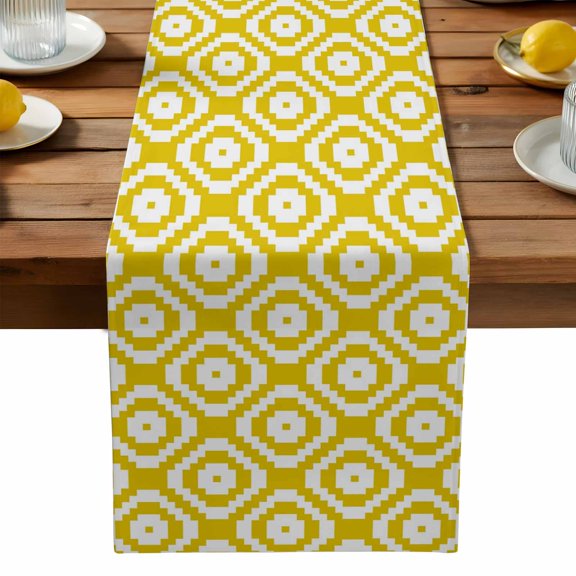 Burlap Table Runner 90 Inches Long, Modern Abstract Square Yellow White Non-Slip Kitchen Table Runners for Dining Room Everyday Use Party Table Decorations Geometric Texture