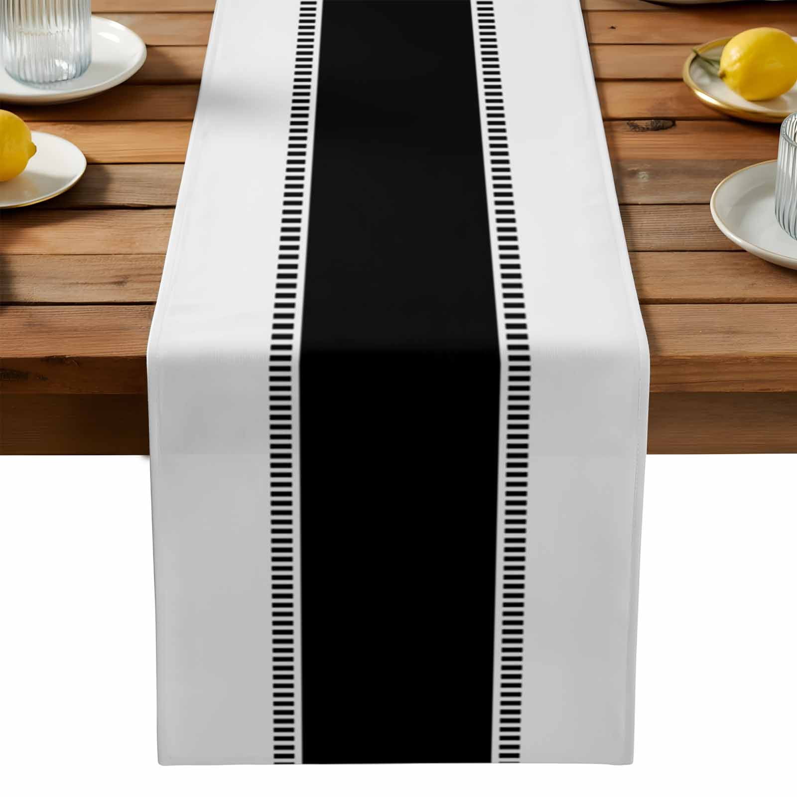 Burlap Table Runner 90 Inches Long, Modern Black Stripe on White Non-Slip Kitchen Table Runners for Dining Room Everyday Use Party Table Decorations Minimalist Geometric Art