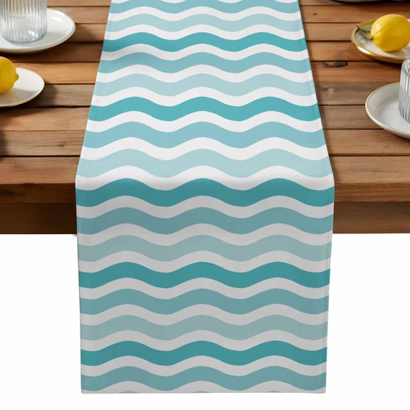 Burlap Table Runner 90 Inches Long, Modern Cyan Gradient Water Ripper Non-Slip Kitchen Table Runners for Dining Room Everyday Use Party Table Decorations Ombre Ocean Stripe