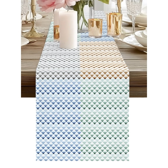 Burlap Table Runner 90 Inches Long, Modern Geometric Square Lattice Non-Slip Kitchen Table Runners for Dining Room Everyday Use Party Table Decorations Color Gradient Texture Art