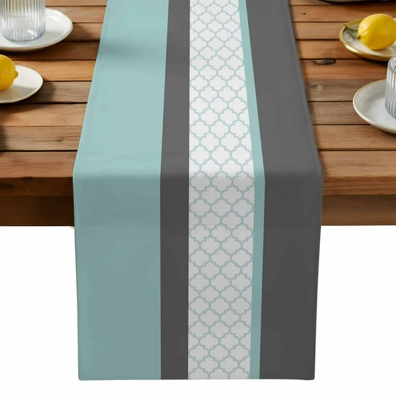 Burlap Table Runner 90 Inches Long, Morocco Plaid Teal Stripes Non-Slip Kitchen Table Runners for Dining Room Everyday Use Party Table Decorations Abstract Geometric Stitching