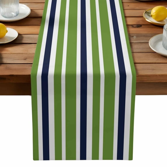 Burlap Table Runner 90 Inches Long,Navy Blue Green White Color Stripes Non-Slip Kitchen Table Runners for Dining Room Everyday Use Party Table Decorations Classic Striped