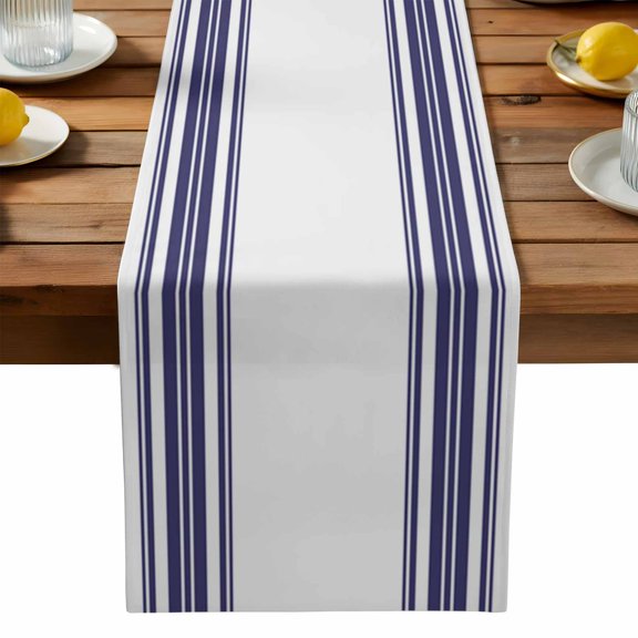 Burlap Table Runner 90 Inches Long,Navy Blue Vertical Stripes Non-Slip Kitchen Table Runners for Dining Room Everyday Use Party Table Decorations Nautical Lines Art