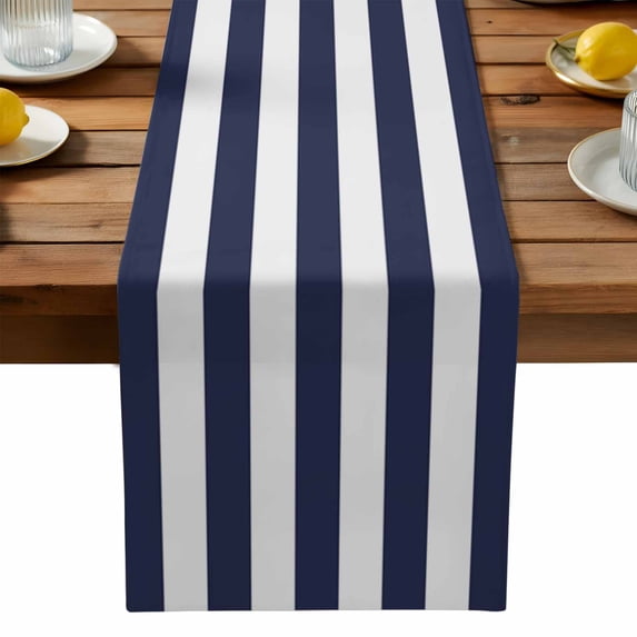 Burlap Table Runner 90 Inches Long,Navy Blue and White Stripe Non-Slip Kitchen Table Runners for Dining Room Everyday Use Party Table Decorations Modern Stripes Pattern