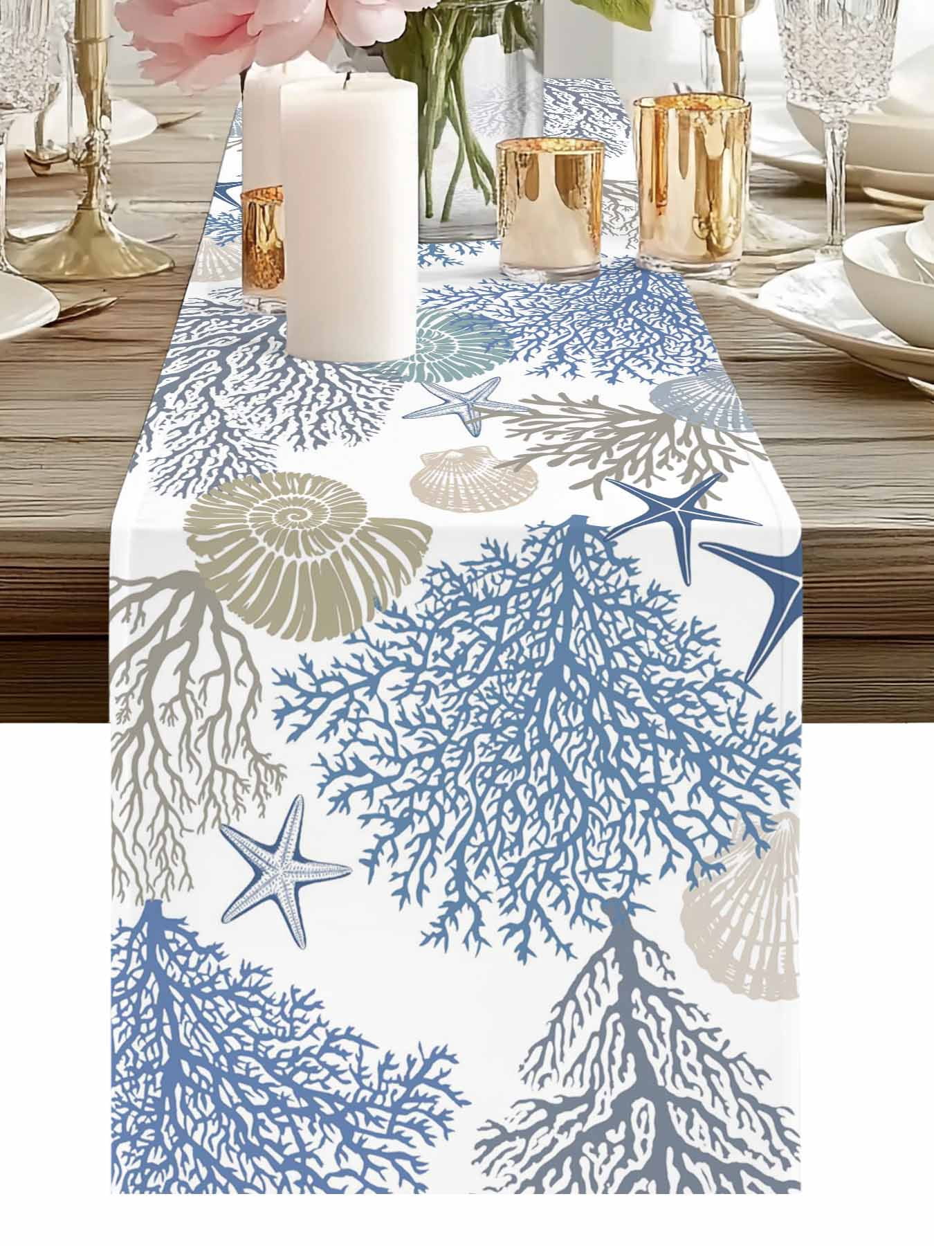 Shell Table Runner Burlap Table Runner 90 Inches Long, Ocean Coral Shell Starfish Non-Slip ...