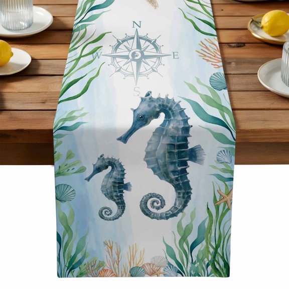 Burlap Table Runner 90 Inches Long,Ocean Marine Life Seahorse Nautical Compass Non-Slip Kitchen Table Runners for Dining Room Everyday Use Party Table Decorations Blue
