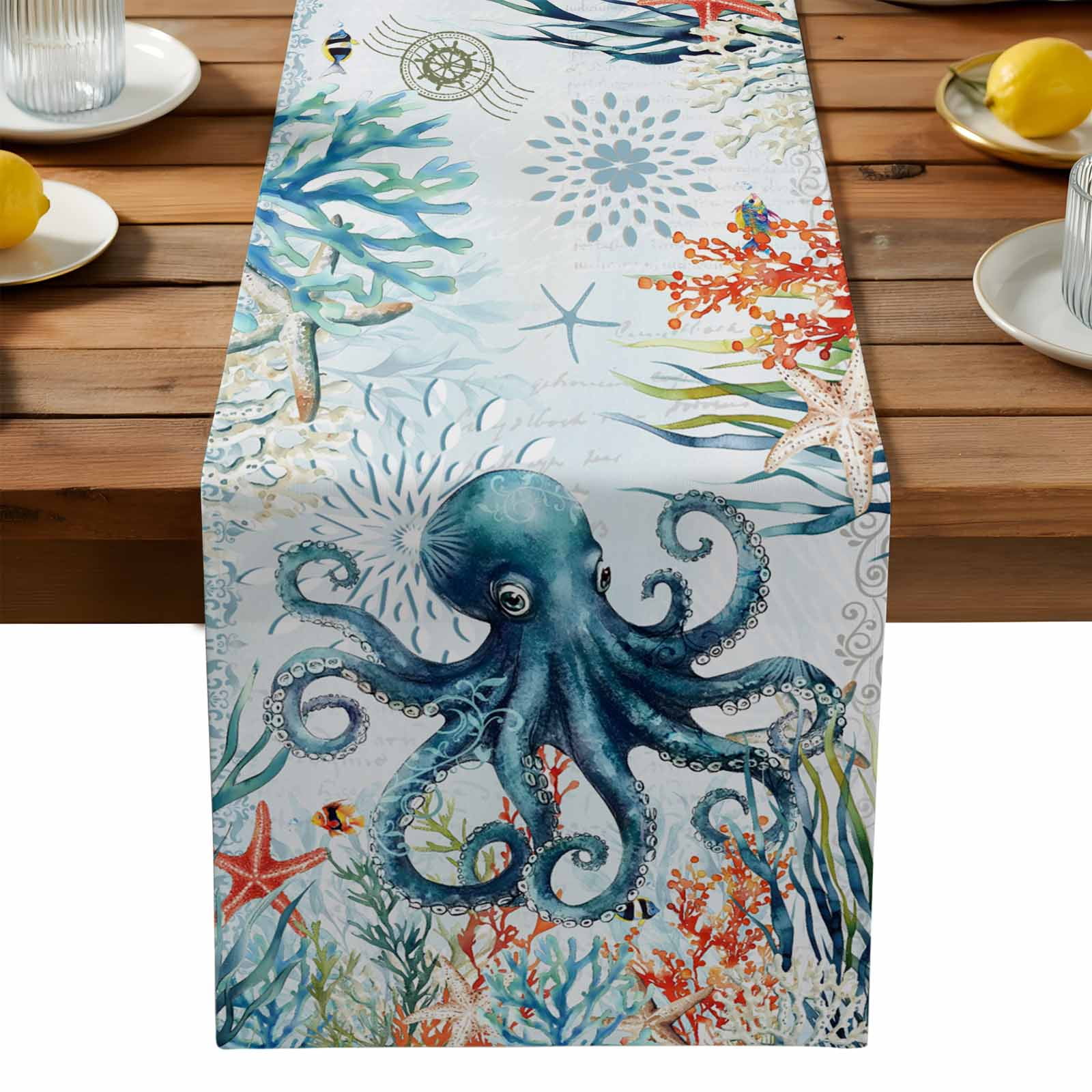 Burlap Table Runner 90 Inches Long,Ocean Octopus Coral Starfish Non ...