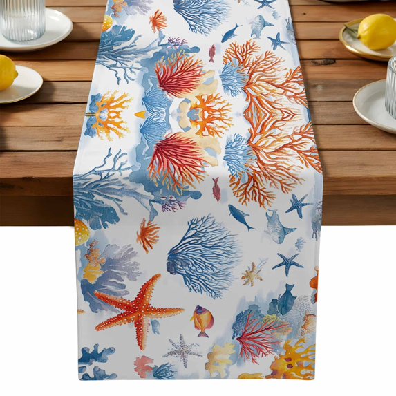 Burlap Table Runner 90 Inches Long, Ocean Starfish Blue Coral Non-Slip Kitchen Table Runners for Dining Room Everyday Use Party Table Decorations Watercolor Underwater World