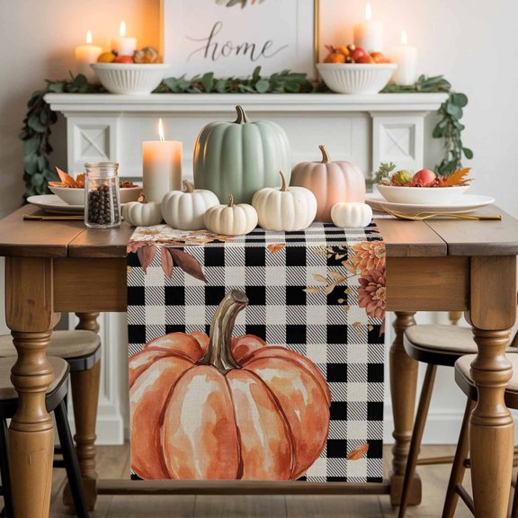 Burlap Table Runner 90 Inches Long,Orange Pumpkin Fall Thanksgiving Non-Slip Kitchen Table Runners for Dining Room Everyday Use Party Table Decorations Black Buffalo Plaid Retro Linen