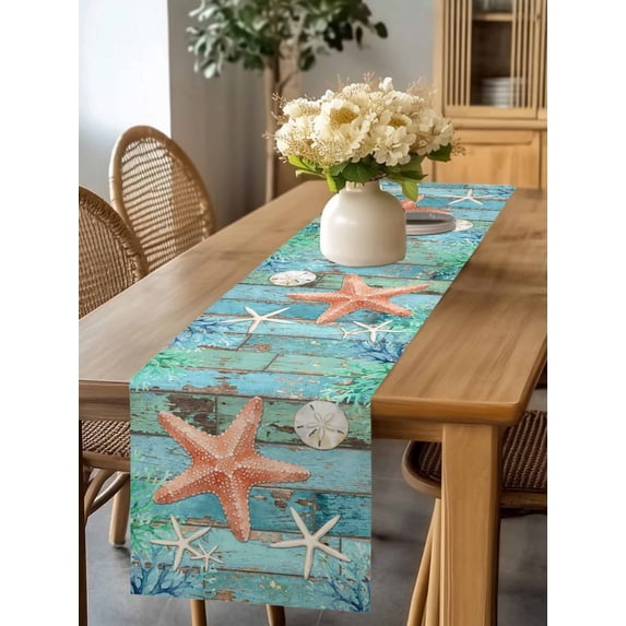 Burlap Table Runner 90 Inches Long, Orange Starfish Summer Ocean Non-Slip Kitchen Table Runners for Dining Room Everyday Use Party Table Decorations Farmhouse Retro Plank