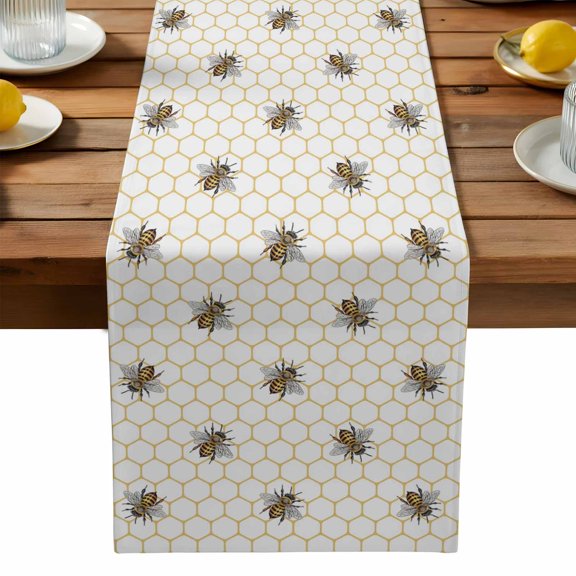 Burlap Table Runner 90 Inches Long,Pastoral Farm Bee Honeycomb Non-Slip Kitchen Table Runners for Dining Room Everyday Use Party Table Decorations Rustic Abstract Hexagon