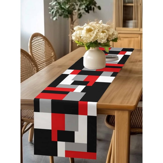 Burlap Table Runner 90 Inches Long, Red Gray Color Block Non-Slip Kitchen Table Runners for Dining Room Everyday Use Party Table Decorations Modern Minimalist Style