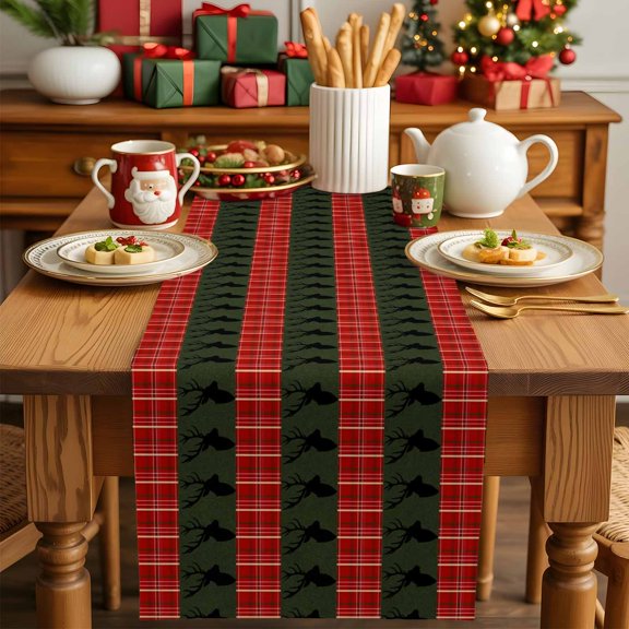 Burlap Table Runner 90 Inches Long,Reindeer on Dark Green Background Non-Slip Kitchen Table Runners for Dining Room Everyday Use Party Table Decorations Red Striped