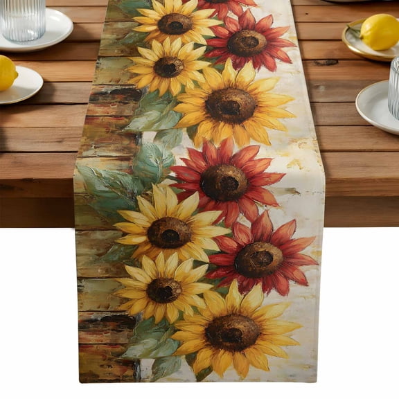 Burlap Table Runner 90 Inches Long, Retro Farmhouse Red Yellow Sunflower Non-Slip Kitchen Table Runners for Dining Room Everyday Use Party Table Decorations Vintage Rustic Wood Floral