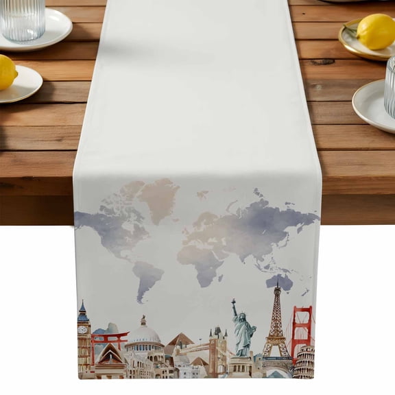 Burlap Table Runner 90 Inches Long,Retro Maps of The World Tourism Non-Slip Kitchen Table Runners for Dining Room Everyday Use Party Table Decorations Abstract Graffiti Texture