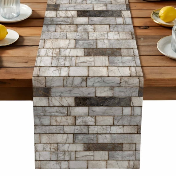 Burlap Table Runner 90 Inches Long, Retro Marble Texture Pattern Non-Slip Kitchen Table Runners for Dining Room Everyday Use Party Table Decorations Farm Stone Brick Decoration