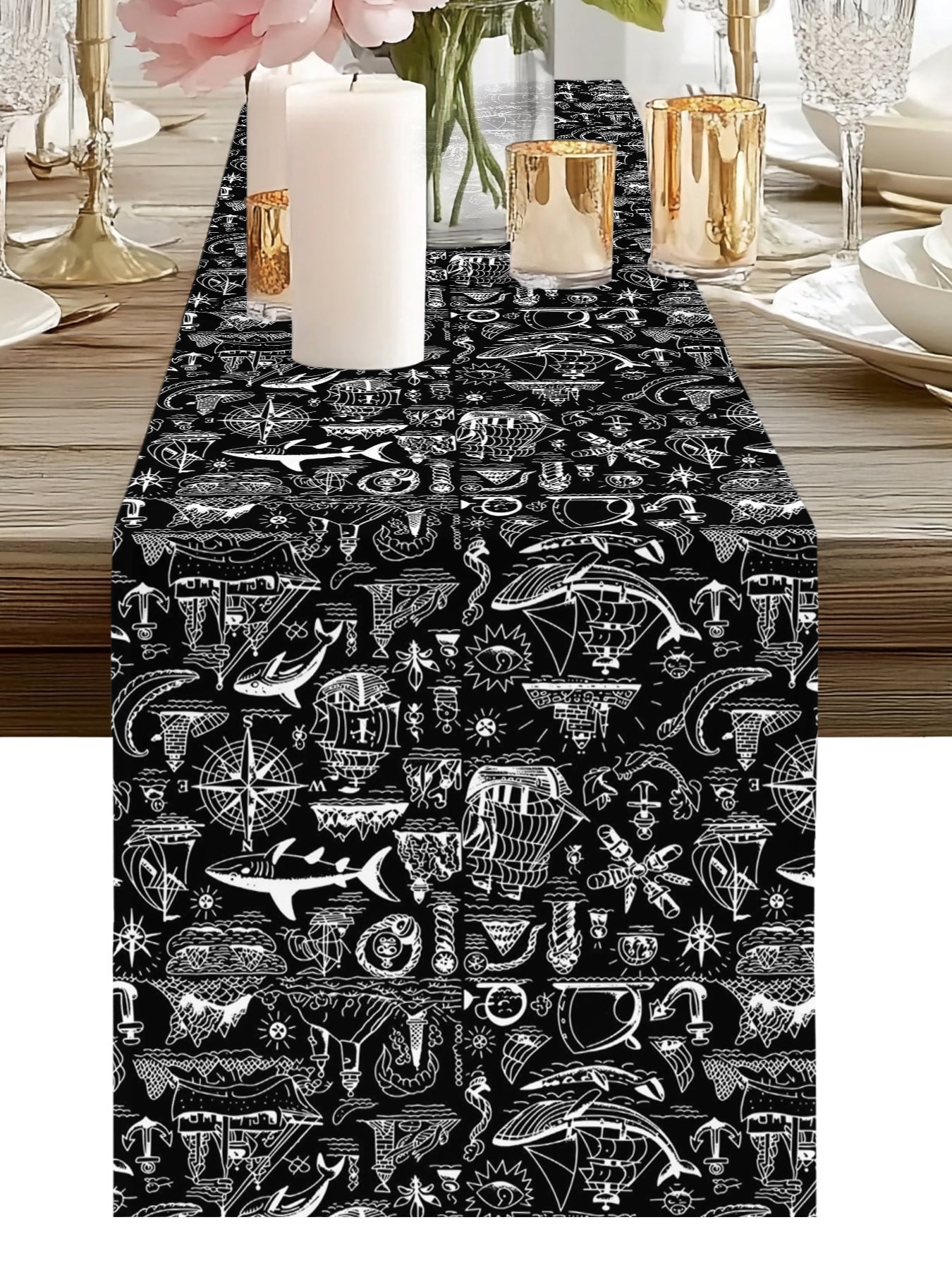 Burlap Table Runner 90 Inches Long, Retro Nautical Boat Fish Non-Slip ...
