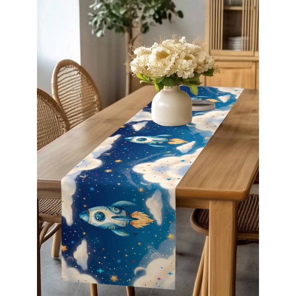 Burlap Table Runner 90 Inches Long, Rocket Galaxy Dream Sky Non-Slip Kitchen Table Runners for Dining Room Everyday Use Party Table Decorations Stars Moon Planet