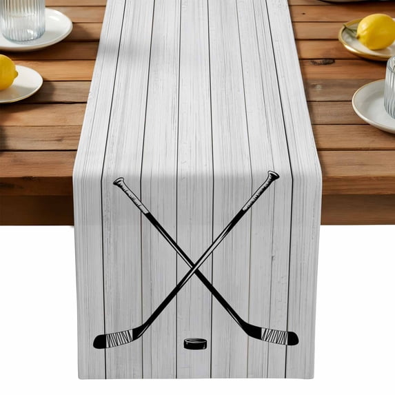 Burlap Table Runner 90 Inches Long,Sports Hockey Art Non-Slip Kitchen Table Runners for Dining Room Everyday Use Party Table Decorations Retro Wood Grain Black Grey
