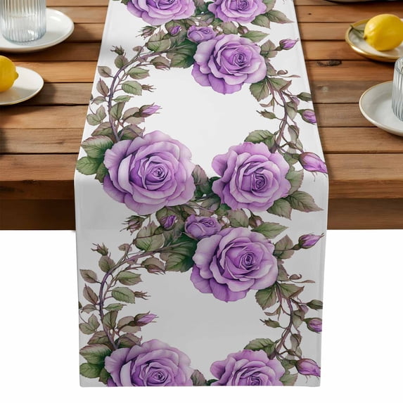 Burlap Table Runner 90 Inches Long, Spring Purple Rose Flower on White Non-Slip Kitchen Table Runners for Dining Room Everyday Use Party Table Decorations Watercolor Green Leaves