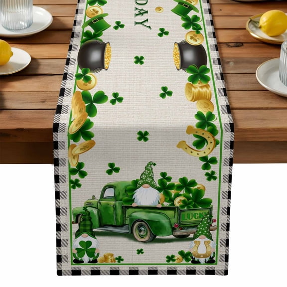 Burlap Table Runner 90 Inches Long,St. Patrick's Day Farm Truck Clovers Gnome Non-Slip Kitchen Table Runners for Dining Room Everyday Use Party Table Decorations Retro Burlap Buffalo Check