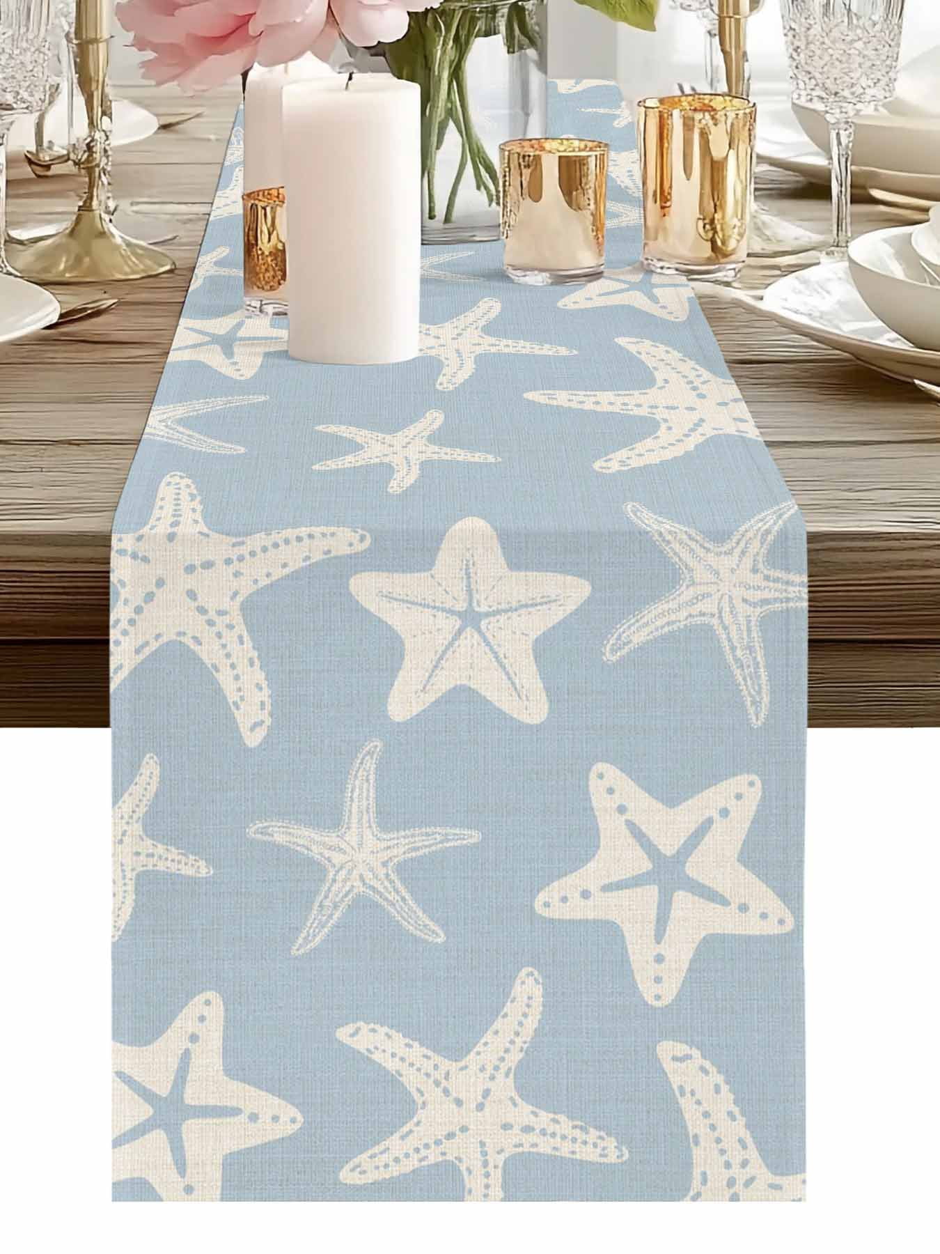 Burlap Table Runner 90 Inches Long, Summer Blue Starfish on Vintage ...