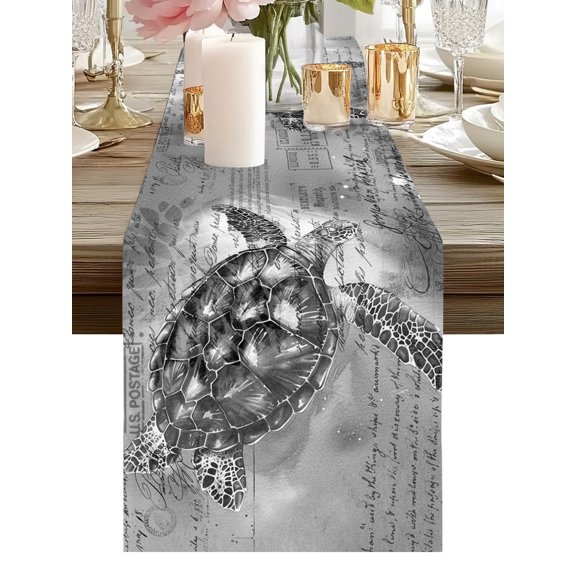 Burlap Table Runner 90 Inches Long, Summer Retro Ocean Grey Turtle Non-Slip Kitchen Table Runners for Dining Room Everyday Use Party Table Decorations Sea Animal