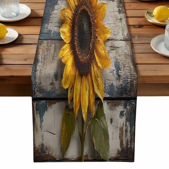 Burlap Table Runner 90 Inches Long,Summer Sunflower on Vintage Wood Non ...