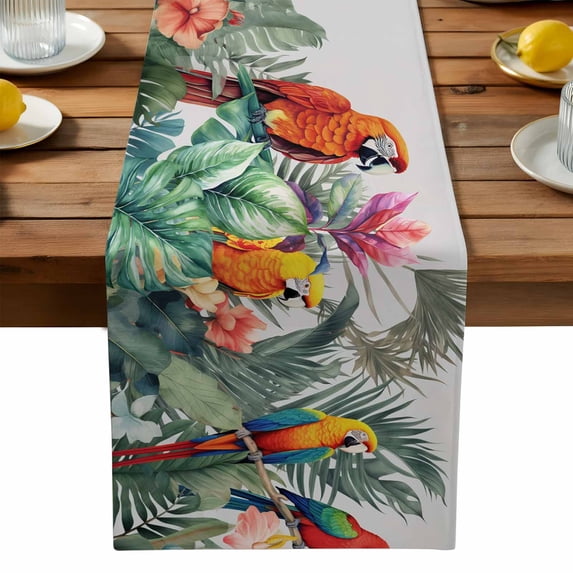 Burlap Table Runner 90 Inches Long,Summer Tropical Parrot Palm Leaf Non-Slip Kitchen Table Runners for Dining Room Everyday Use Party Table Decorations Watercolor Floral Green Plants