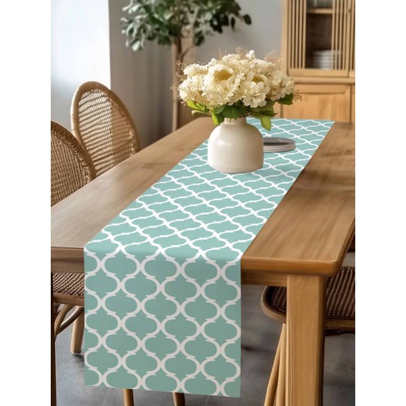 Burlap Table Runner 90 Inches Long, Teal Morocco Buffalo Plaid Non-Slip Kitchen Table Runners for Dining Room Everyday Use Party Table Decorations Watercolor Turquoise Abstract Geometric